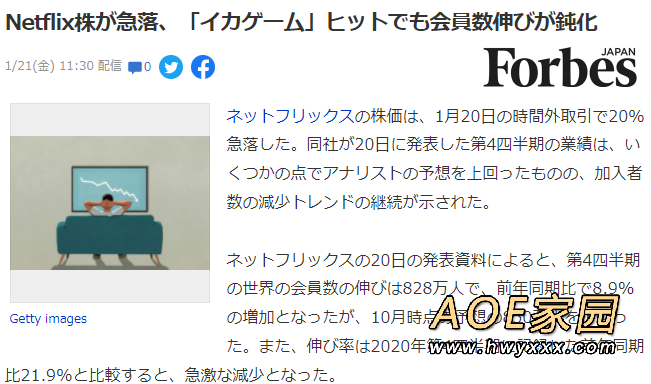 网飞股价暴跌20%  新会员锐减《鱿鱼游戏》也难挽局势